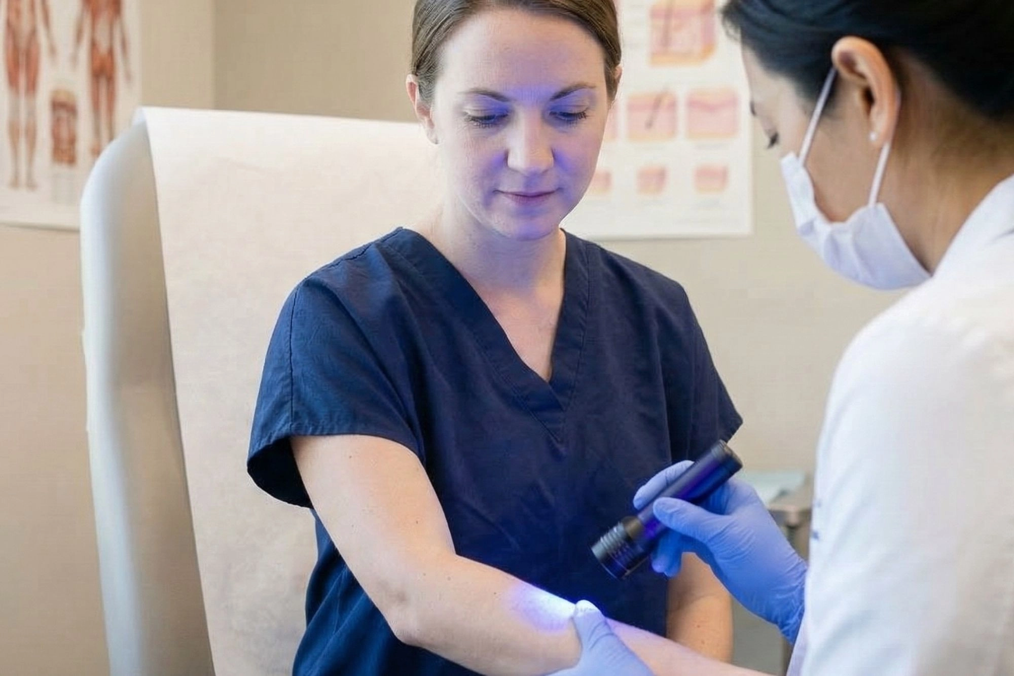  A dermatologist in a white coat and blue gloves uses a ultraviolet Wood’s lamp to examine a patient's arm in a medical office.